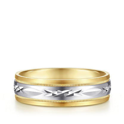 Gabriel & Co. Christopher Men's 6mm Satin Finish Engraved Wedding Ring in 14K White & Yellow Gold