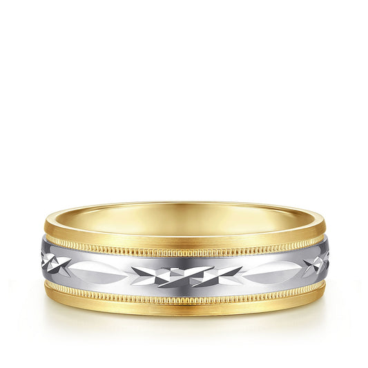 Gabriel & Co. Christopher Men's 6mm Satin Finish Engraved Wedding Ring in 14K White & Yellow Gold
