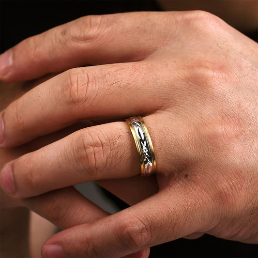 Gabriel & Co. Christopher Men's 6mm Satin Finish Engraved Wedding Ring in 14K White & Yellow Gold close-up detail