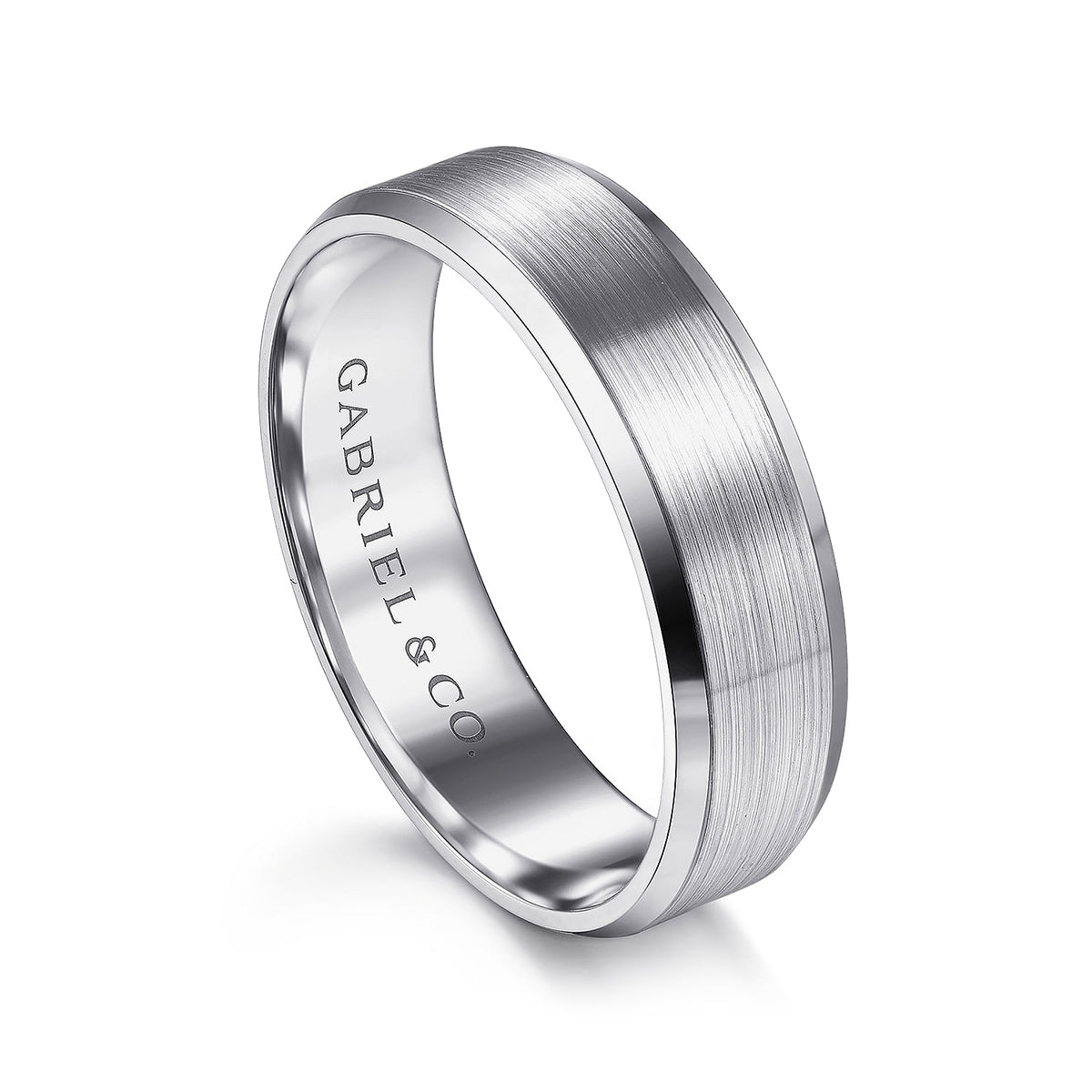 Gabriel & Co. Caleb Men's 6mm Satin Finish Beveled Edge Wedding Ring in 14K White Gold front view