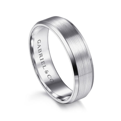 Gabriel & Co. Caleb Men's 6mm Satin Finish Beveled Edge Wedding Ring in 14K White Gold front view