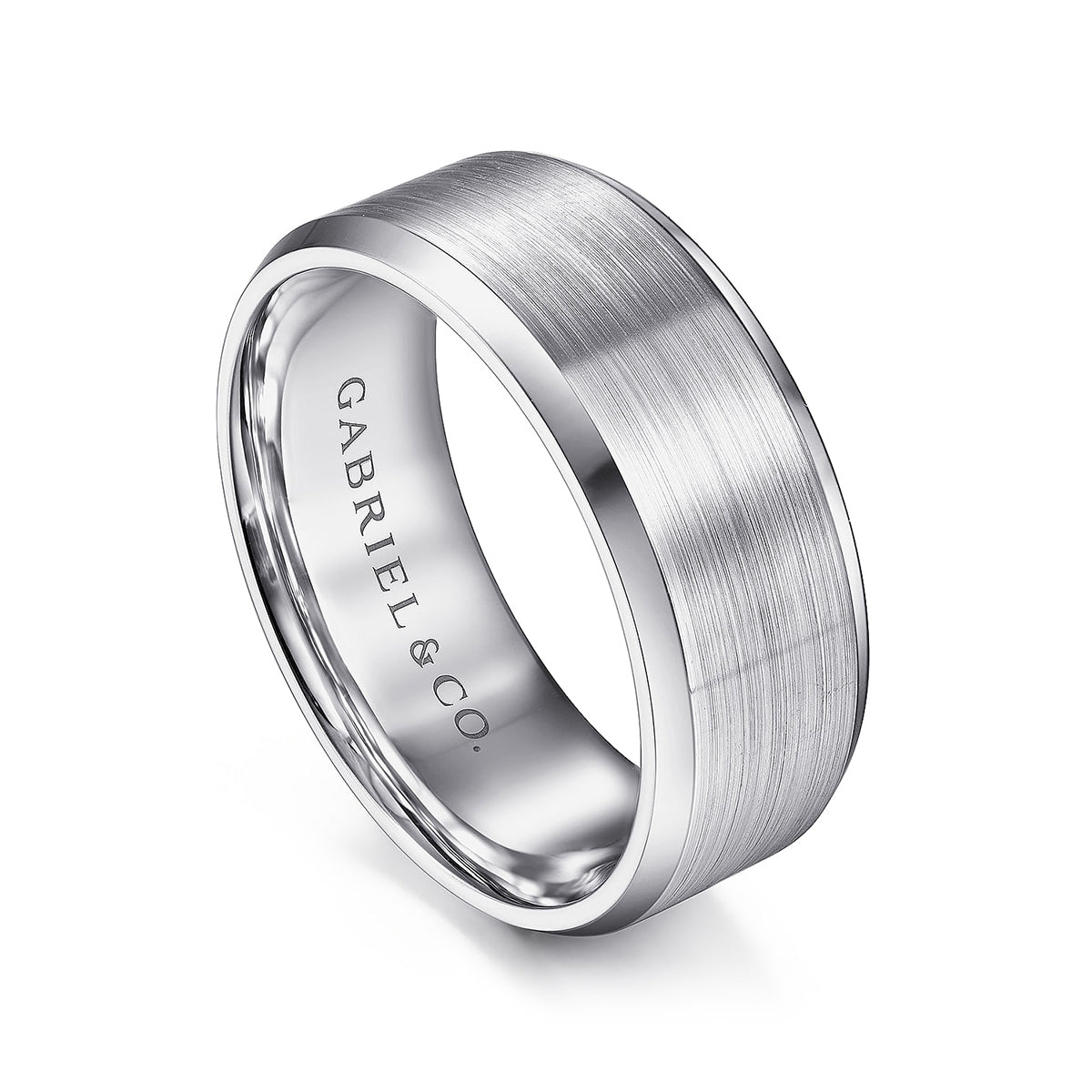 Gabriel & Co. Sebastian Men's 8mm Satin Finish Beveled Edge Wedding Ring in 14K White Gold front view