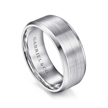 Gabriel & Co. Sebastian Men's 8mm Satin Finish Beveled Edge Wedding Ring in 14K White Gold front view