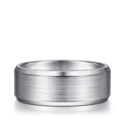 Gabriel & Co. Sebastian Men's 8mm Satin Finish Beveled Edge Wedding Ring in 14K White Gold