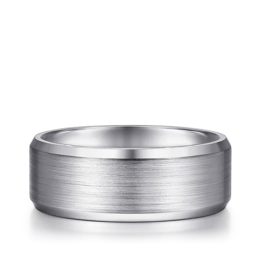 Gabriel & Co. Sebastian Men's 8mm Satin Finish Beveled Edge Wedding Ring in 14K White Gold