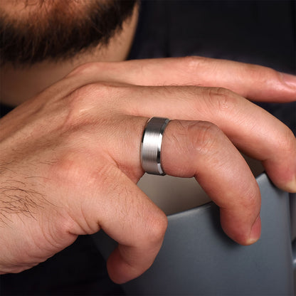 Gabriel & Co. Sebastian Men's 8mm Satin Finish Beveled Edge Wedding Ring in 14K White Gold close-up detail