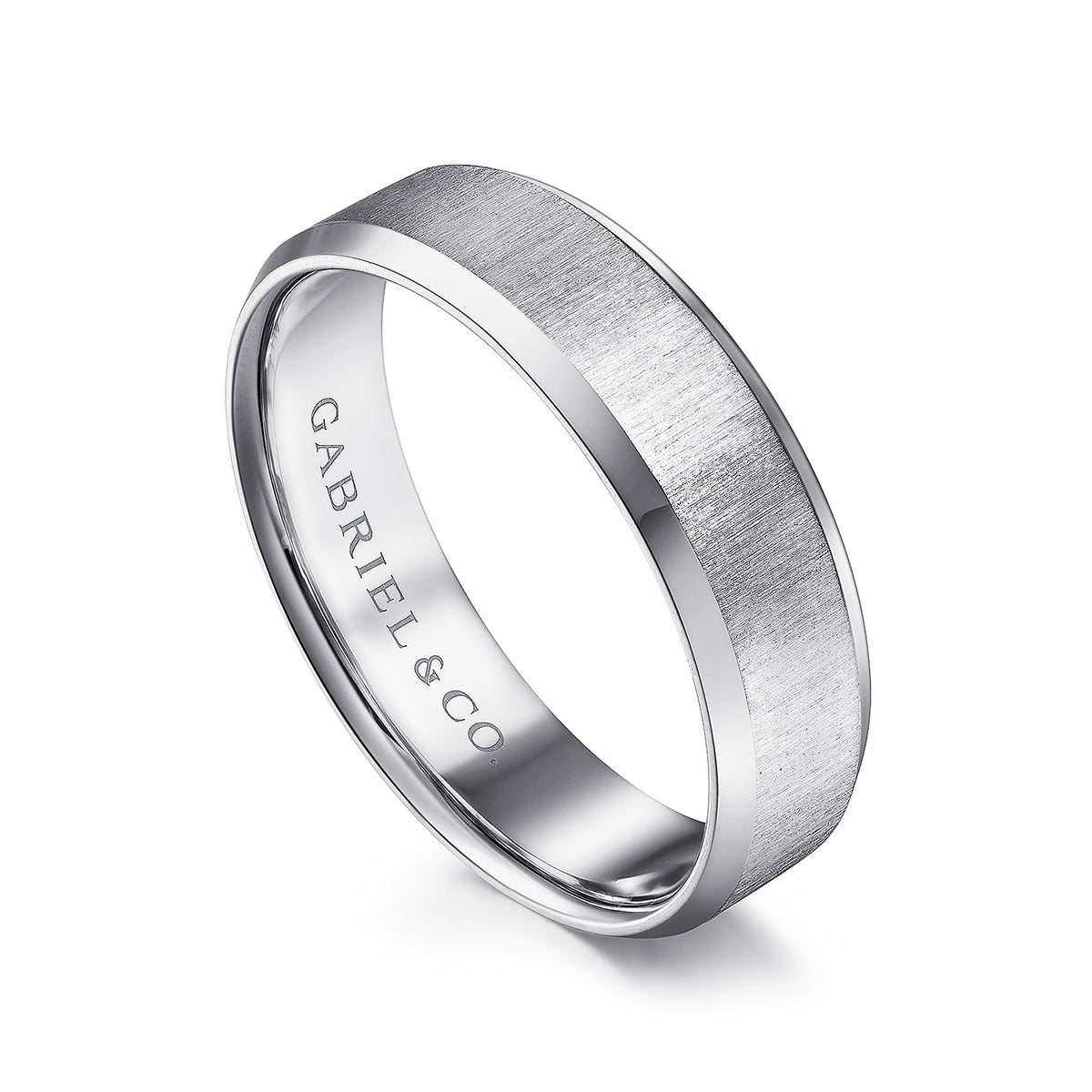 Gabriel & Co. Isaiah Men's 6mm Satin Finish Beveled Edge Wedding Ring in 14K White Gold front view