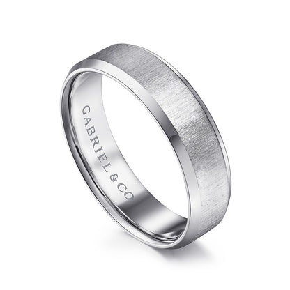 Gabriel & Co. Isaiah Men's 6mm Satin Finish Beveled Edge Wedding Ring in 14K White Gold front view