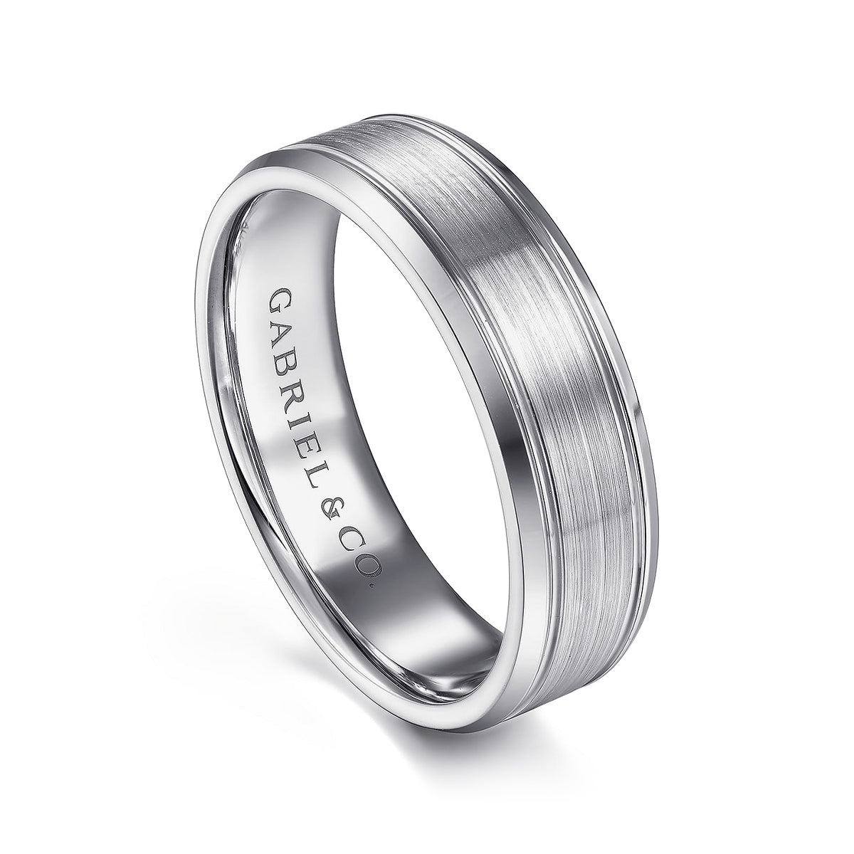 Gabriel & Co. Charles Men's 6mm Satin Finish Polished Edge Wedding Ring in 14K White Gold front view
