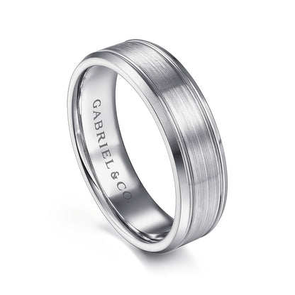 Gabriel & Co. Charles Men's 6mm Satin Finish Polished Edge Wedding Ring in 14K White Gold front view