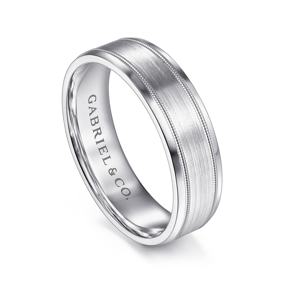 Gabriel & Co. Josiah Men's 6mm Satin Finish Polished Edge Wedding ring in 14K White Gold front view