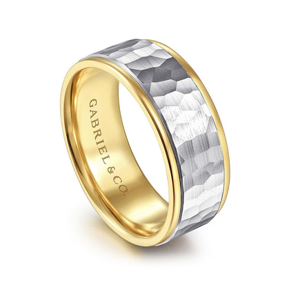 Gabriel & Co. Thomas Men's 8mm Hammered Finish Polished Edge Wedding Ring in 14K White & Yellow Gold front view