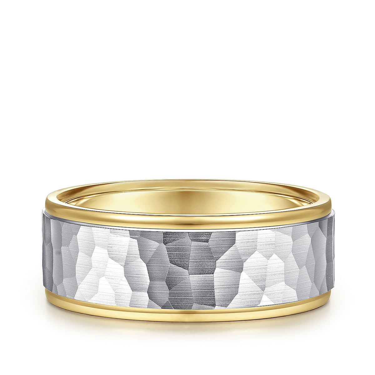Gabriel & Co. Thomas Men's 8mm Hammered Finish Polished Edge Wedding Ring in 14K White & Yellow Gold