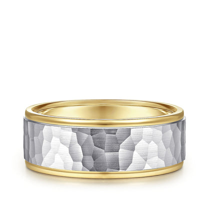 Gabriel & Co. Thomas Men's 8mm Hammered Finish Polished Edge Wedding Ring in 14K White & Yellow Gold