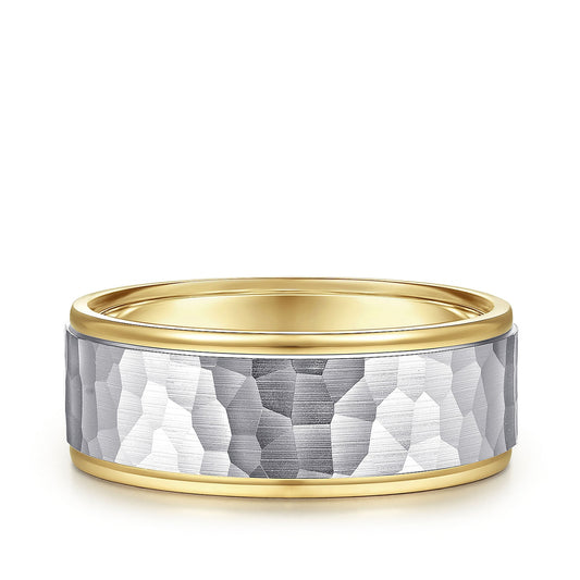 Gabriel & Co. Thomas Men's 8mm Hammered Finish Polished Edge Wedding Ring in 14K White & Yellow Gold