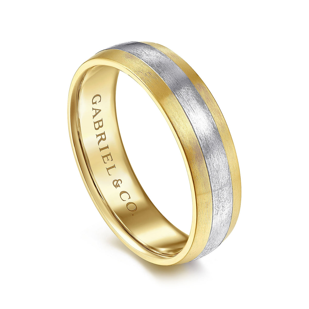 Gabriel & Co. Ezra Men's 6mm Satin Finish Color Block Wedding Ring in 14K White & Yellow Gold front view
