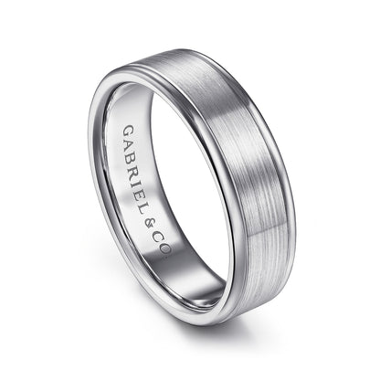 Gabriel & Co. Landon Men's 6mm Satin Finish Polished Edge Wedding Ring in 14K White Gold front view