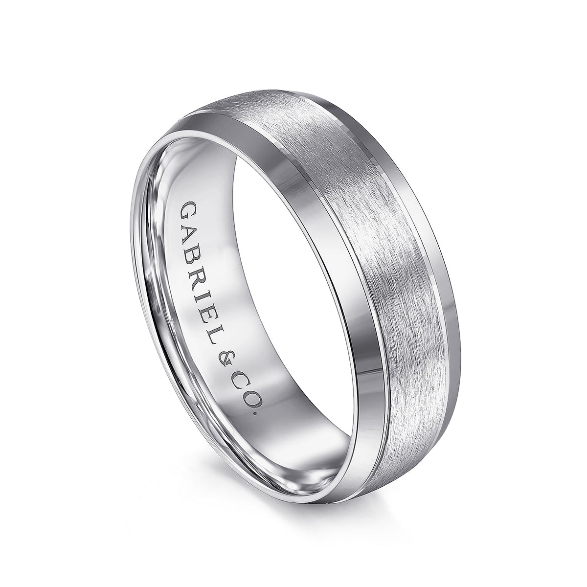 Gabriel & Co. Robert Men's 7mm Rounded Satin Finish Beveled Edge Wedding Ring in 14K White Gold front view