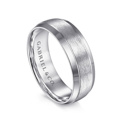 Gabriel & Co. Robert Men's 7mm Rounded Satin Finish Beveled Edge Wedding Ring in 14K White Gold front view