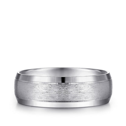 Gabriel & Co. Robert Men's 7mm Rounded Satin Finish Beveled Edge Wedding Ring in 14K White Gold
