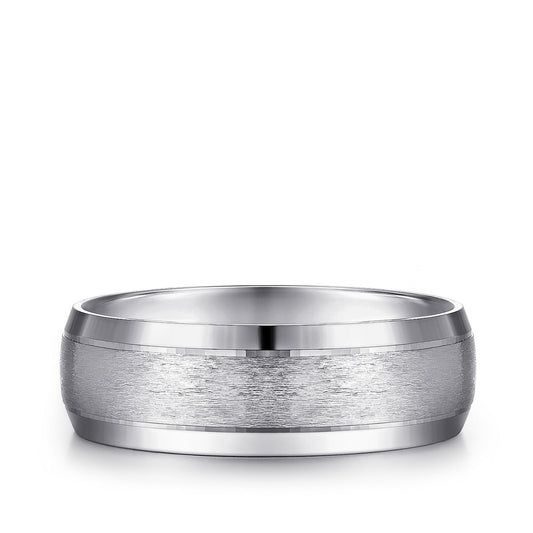Gabriel & Co. Robert Men's 7mm Rounded Satin Finish Beveled Edge Wedding Ring in 14K White Gold