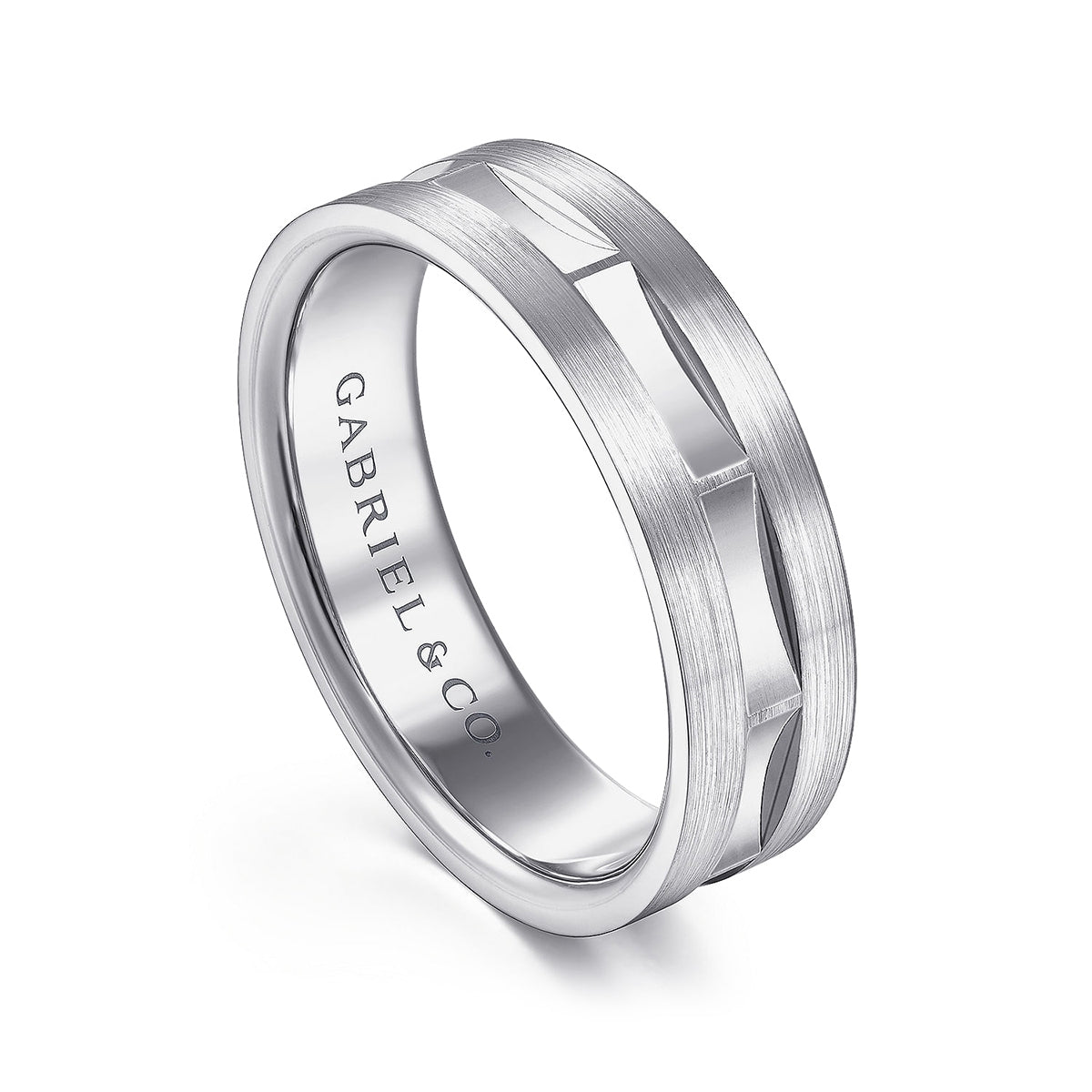 Gabriel & Co. Elias Men's 6mm Satin Finish Groove & Brushed Edge Wedding Ring in 14K White Gold front view