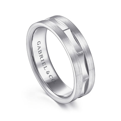 Gabriel & Co. Elias Men's 6mm Satin Finish Groove & Brushed Edge Wedding Ring in 14K White Gold front view