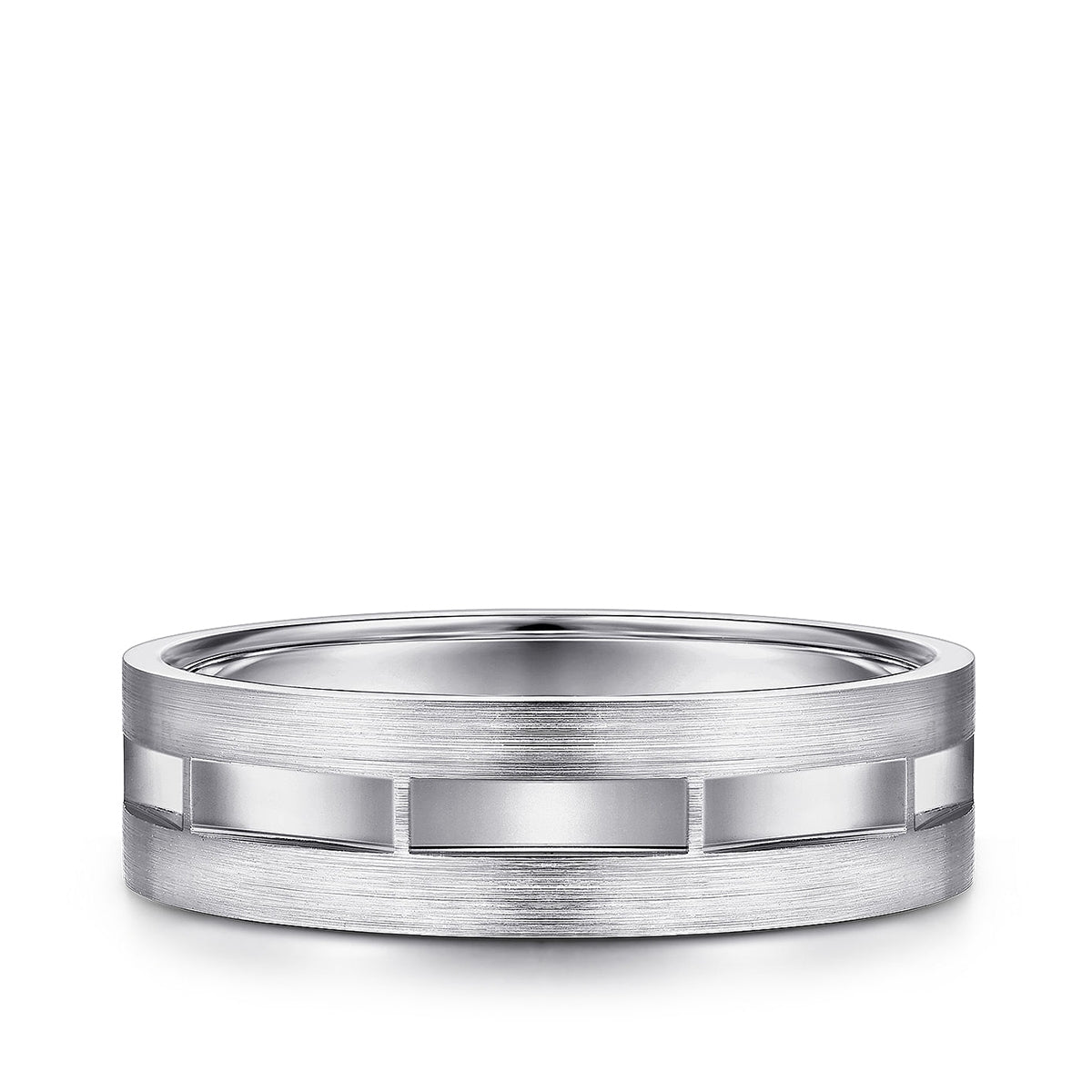 Gabriel & Co. Elias Men's 6mm Satin Finish Groove & Brushed Edge Wedding Ring in 14K White Gold