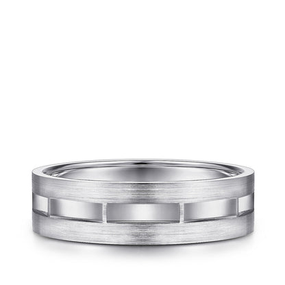 Gabriel & Co. Elias Men's 6mm Satin Finish Groove & Brushed Edge Wedding Ring in 14K White Gold