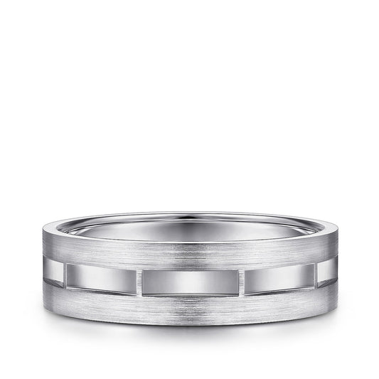 Gabriel & Co. Elias Men's 6mm Satin Finish Groove & Brushed Edge Wedding Ring in 14K White Gold