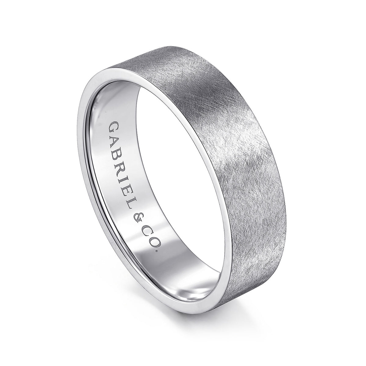 Gabriel & Co. Jaxson Men's 6mm Brushed Finish Flat Wedding Ring in 14K White Gold front view