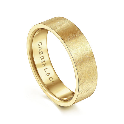 Gabriel & Co. Ian Men's 6mm Brushed Finish Flat Wedding Ring in 14K Yellow Gold front view