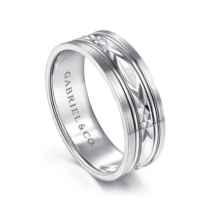 Gabriel & Co. Franco Men's 7mm Satin Finish Carved Wedding Ring in 14K White Gold front view