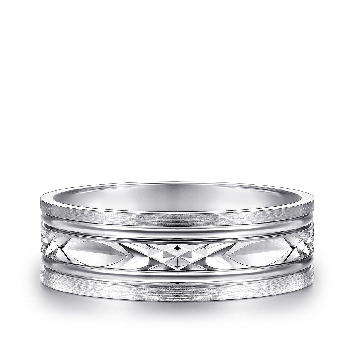 Gabriel & Co. Franco Men's 7mm Satin Finish Carved Wedding Ring in 14K White Gold