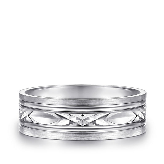 Gabriel & Co. Franco Men's 7mm Satin Finish Carved Wedding Ring in 14K White Gold