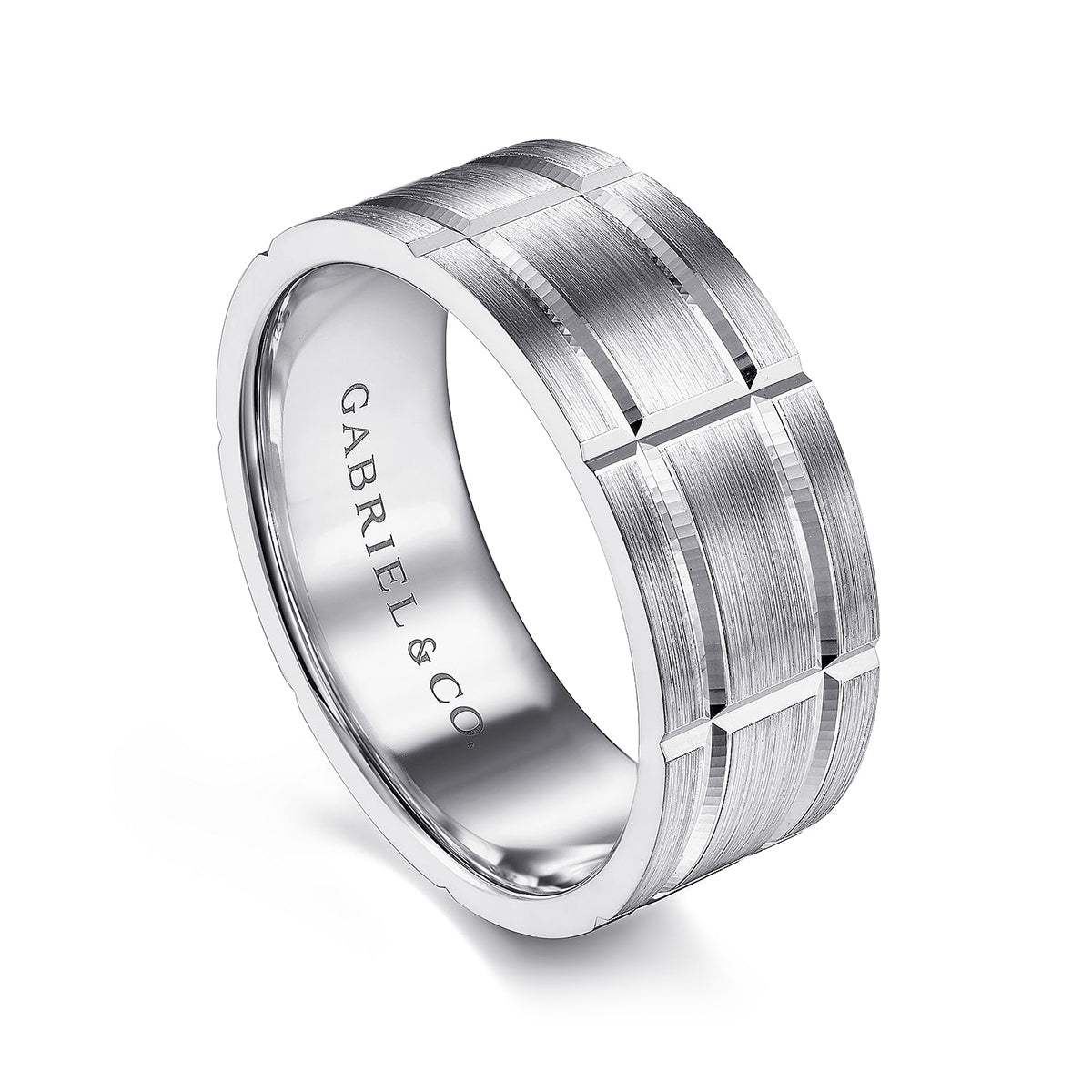 Gabriel & Co. Brian Men's 8mm Satin Finish Checkered Wedding Ring in 14K White Gold front view