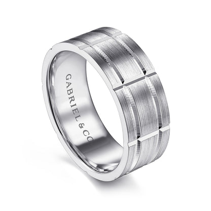 Gabriel & Co. Brian Men's 8mm Satin Finish Checkered Wedding Ring in 14K White Gold front view