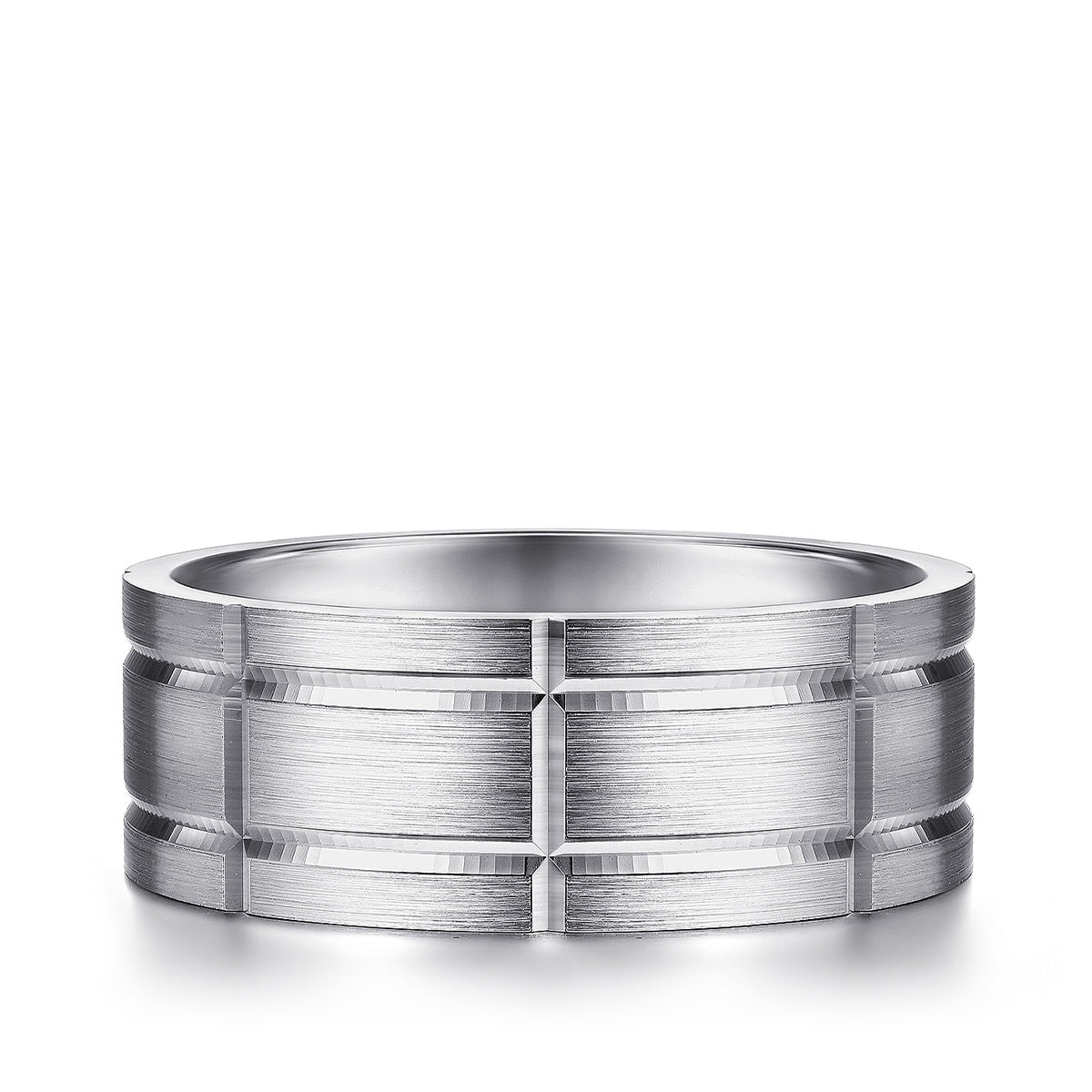 Gabriel & Co. Brian Men's 8mm Satin Finish Checkered Wedding Ring in 14K White Gold