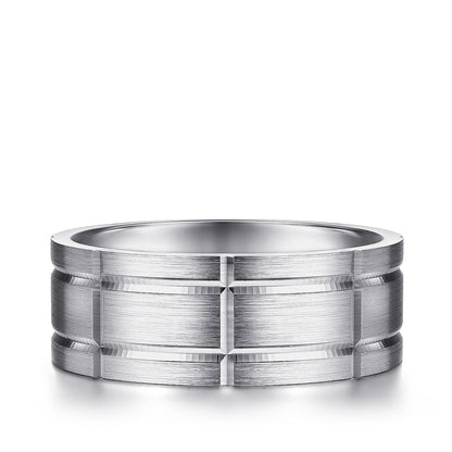 Gabriel & Co. Brian Men's 8mm Satin Finish Checkered Wedding Ring in 14K White Gold