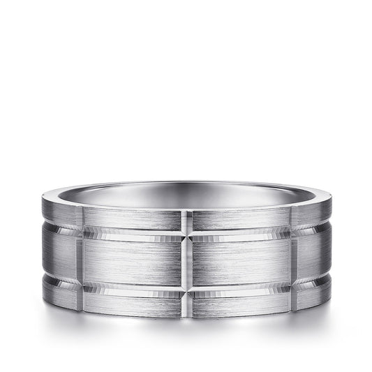Gabriel & Co. Brian Men's 8mm Satin Finish Checkered Wedding Ring in 14K White Gold