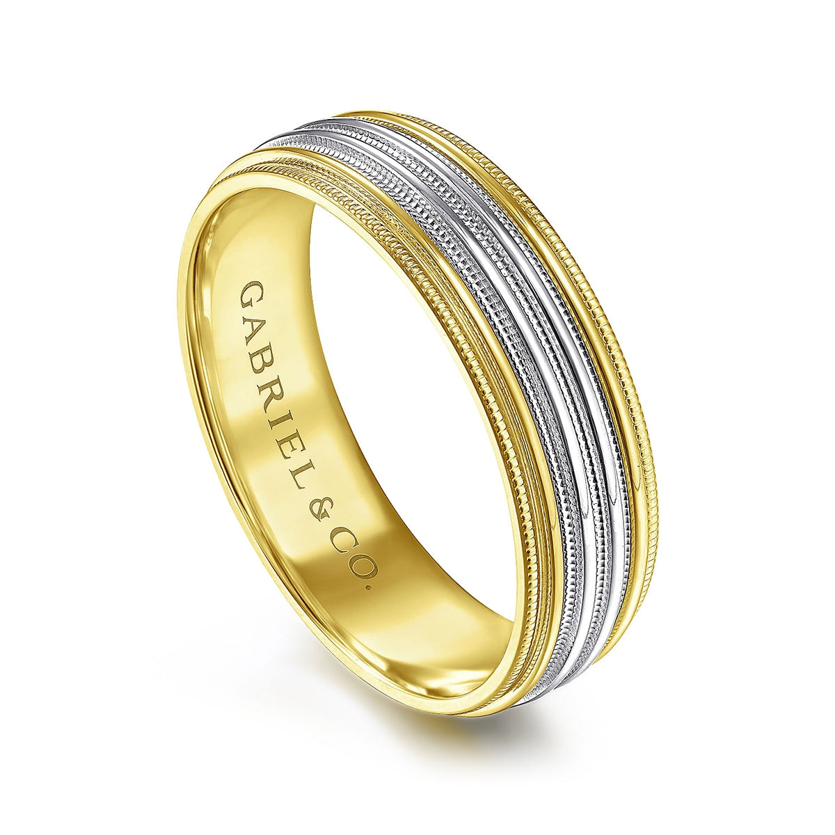 Gabriel & Co. Evan Men's 6mm Milgrain Wedding Ring in 14K White & Yellow Gold front view