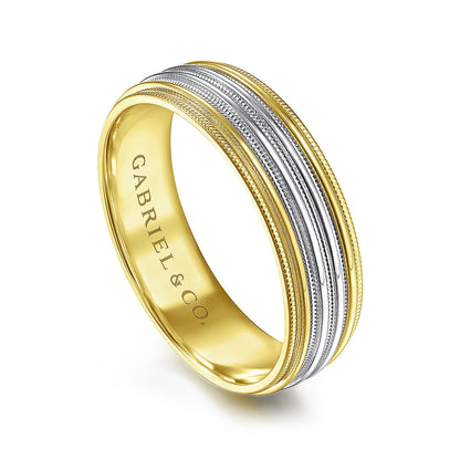 Gabriel & Co. Evan Men's 6mm Milgrain Wedding Ring in 14K White & Yellow Gold front view