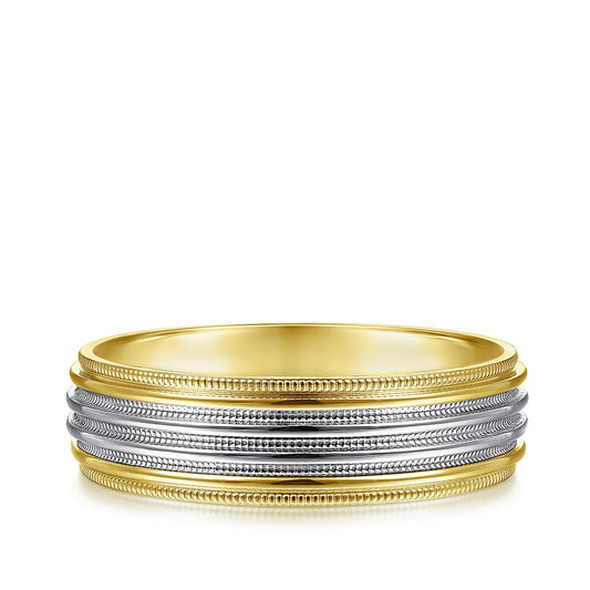 Gabriel & Co. Evan Men's 6mm Milgrain Wedding Ring in 14K White & Yellow Gold