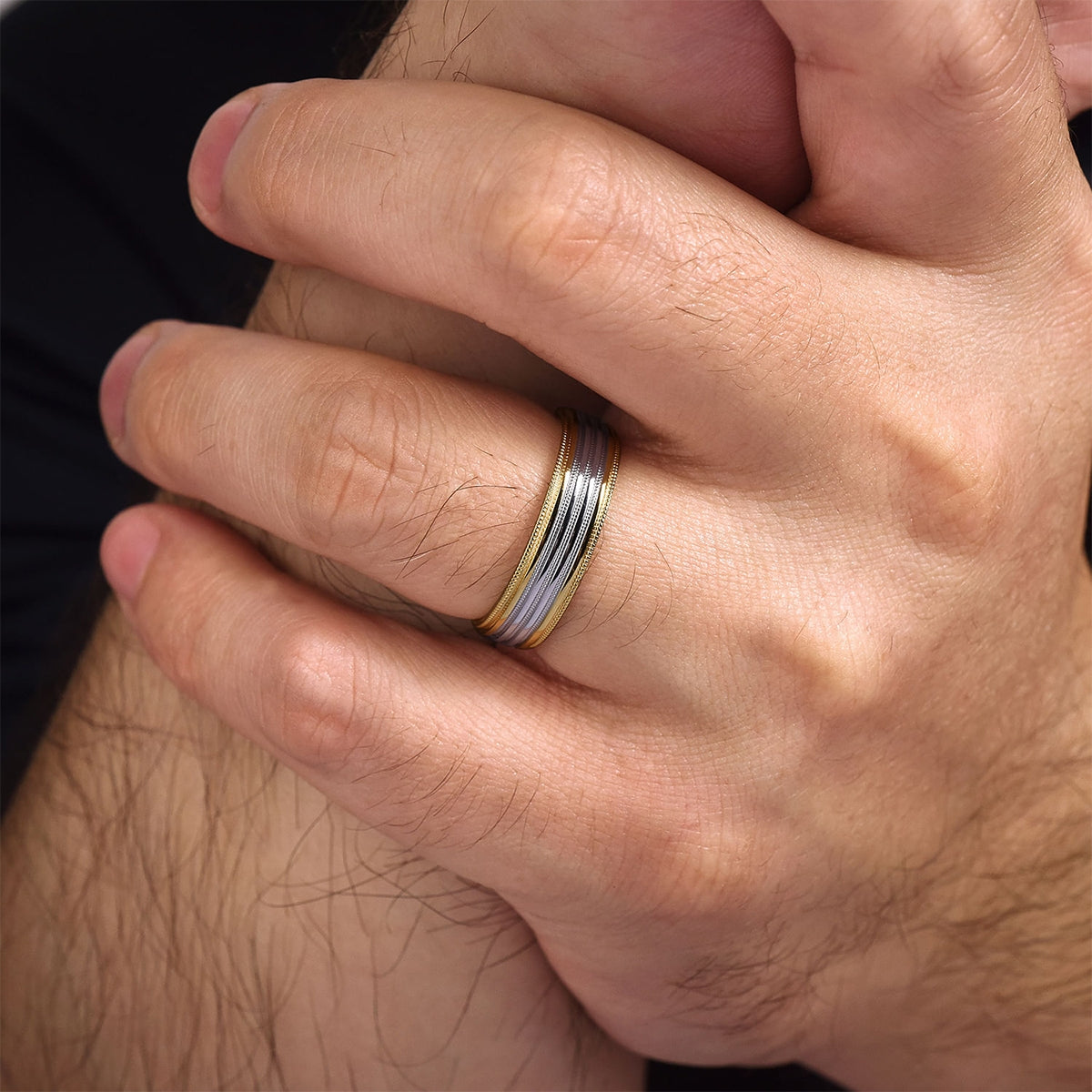 Gabriel & Co. Evan Men's 6mm Milgrain Wedding Ring in 14K White & Yellow Gold close-up detail
