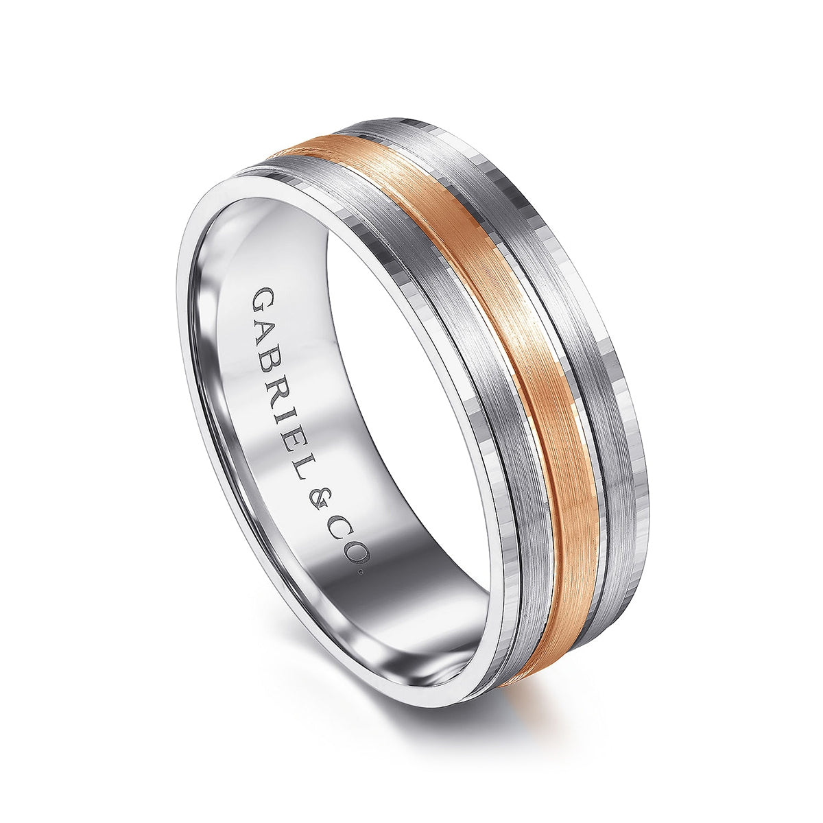 Gabriel & Co. Adam Men's 7mm Satin Finish Three Row Wedding Ring in 14K White & Pink Gold front view