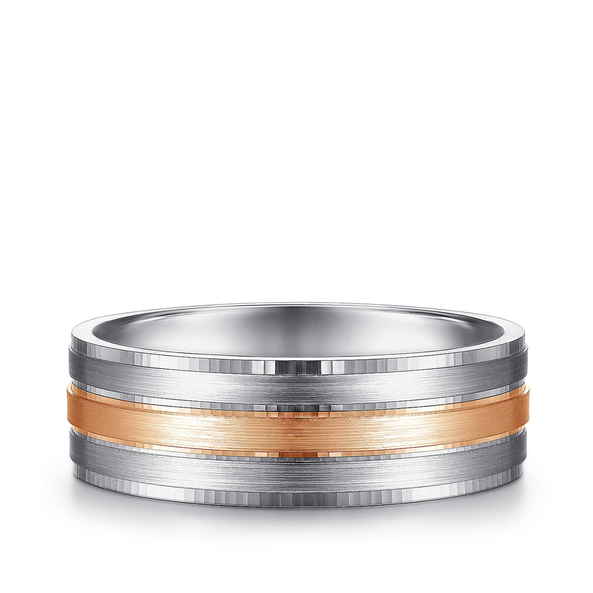 Gabriel & Co. Adam Men's 7mm Satin Finish Three Row Wedding Ring in 14K White & Pink Gold