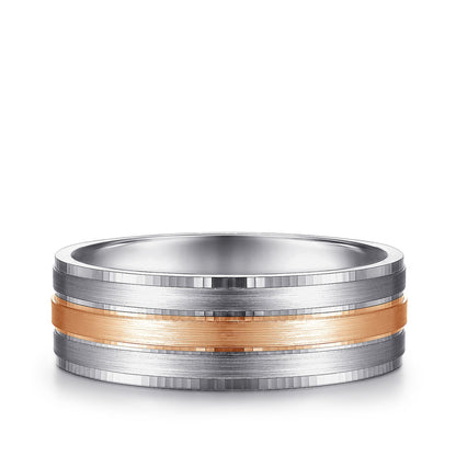 Gabriel & Co. Adam Men's 7mm Satin Finish Three Row Wedding Ring in 14K White & Pink Gold