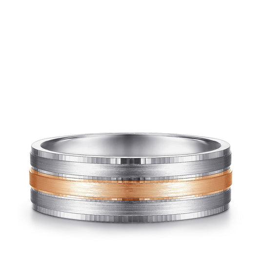 Gabriel & Co. Adam Men's 7mm Satin Finish Three Row Wedding Ring in 14K White & Pink Gold