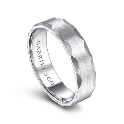 Gabriel & Co. Nicholas Men's 6mm Satin Finish Grooved Edge Wedding Ring in 14K White Gold front view