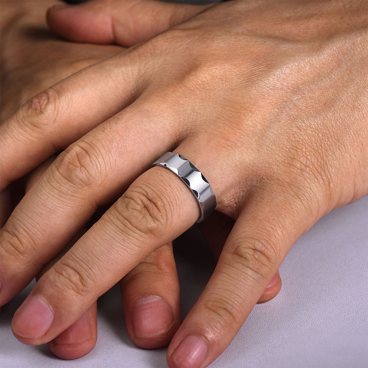 Gabriel & Co. Nicholas Men's 6mm Satin Finish Grooved Edge Wedding Ring in 14K White Gold close-up detail